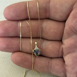 14K Solid Yellow Gold Mystic Topaz w/Diamond Accents Pendant Necklace 16”