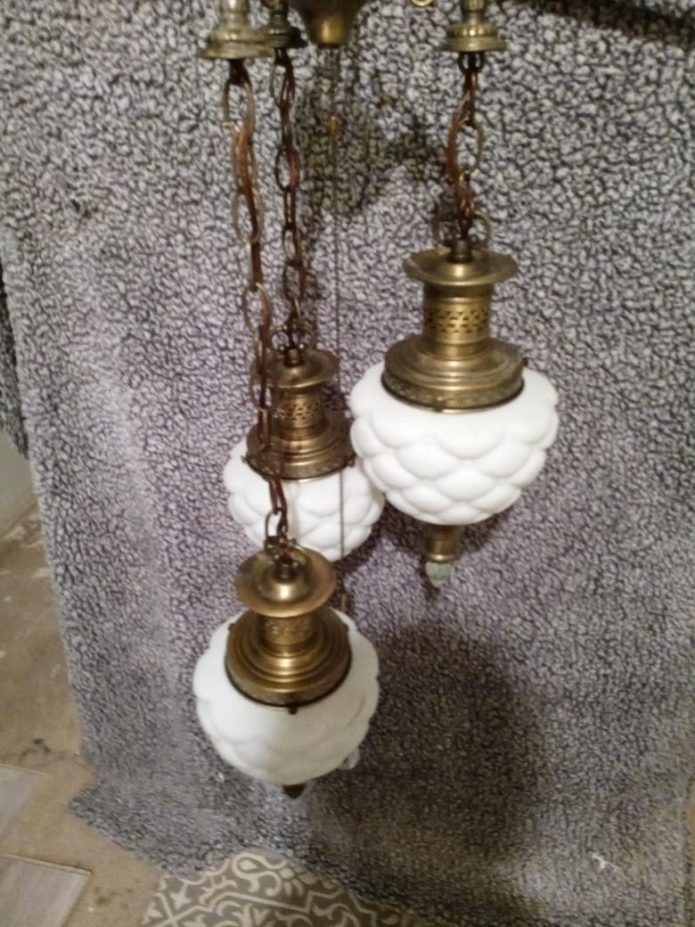 Chippendale antique hanging chain lamp with 3 milk white large glass and bronze globes.