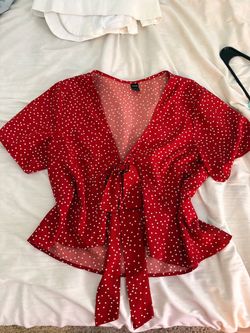 SHEIN Red Polka Dot Tie-Front Peplum Top
