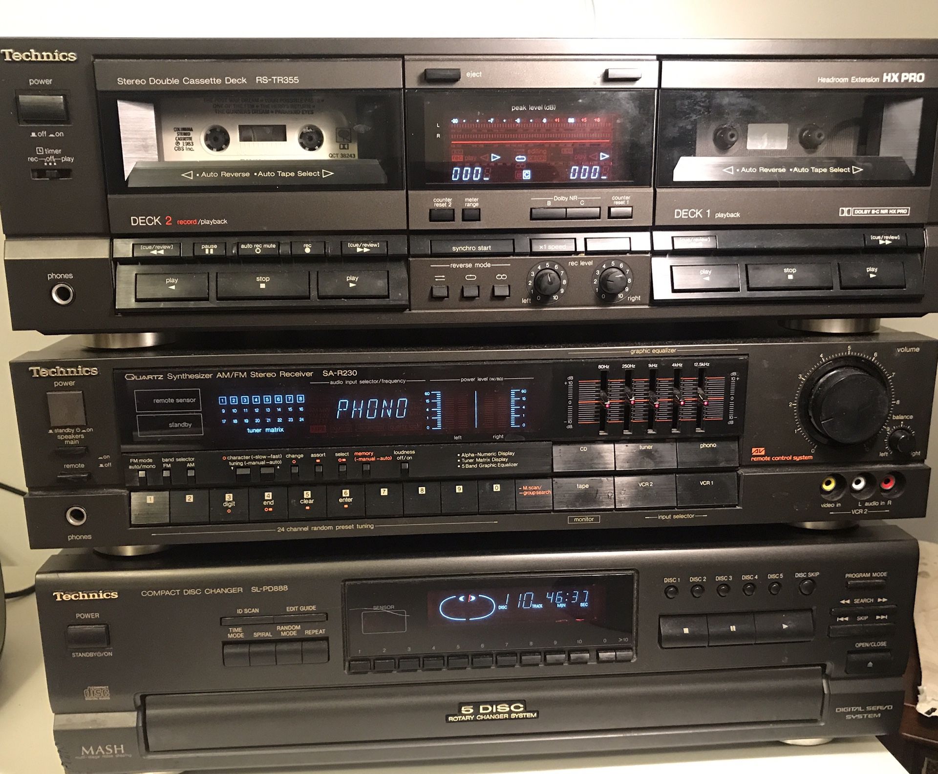 Technics system with Cassette RS-TR355, Stereo Receiver SA-R230, and Compac Disc SL-PD888