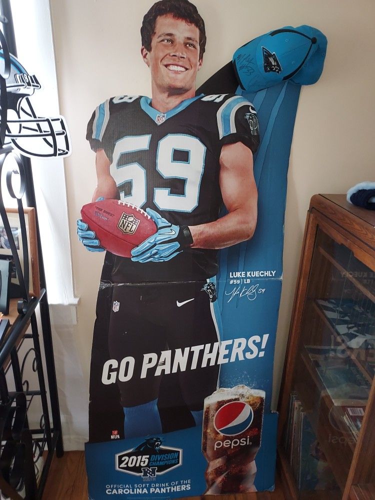 Luke Keuchly Cardboard Stand & Hat With Cam Newton Autograph Plus One Other I Can't Remember
