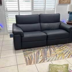 Natuzzi Power Reclining Sofa & Love Seat Dark Blue Leather