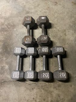 Pairs of 15 lbs, 20 lbs & 25 Ibs HEX Dumbbells / Weights - 120 Ibs total