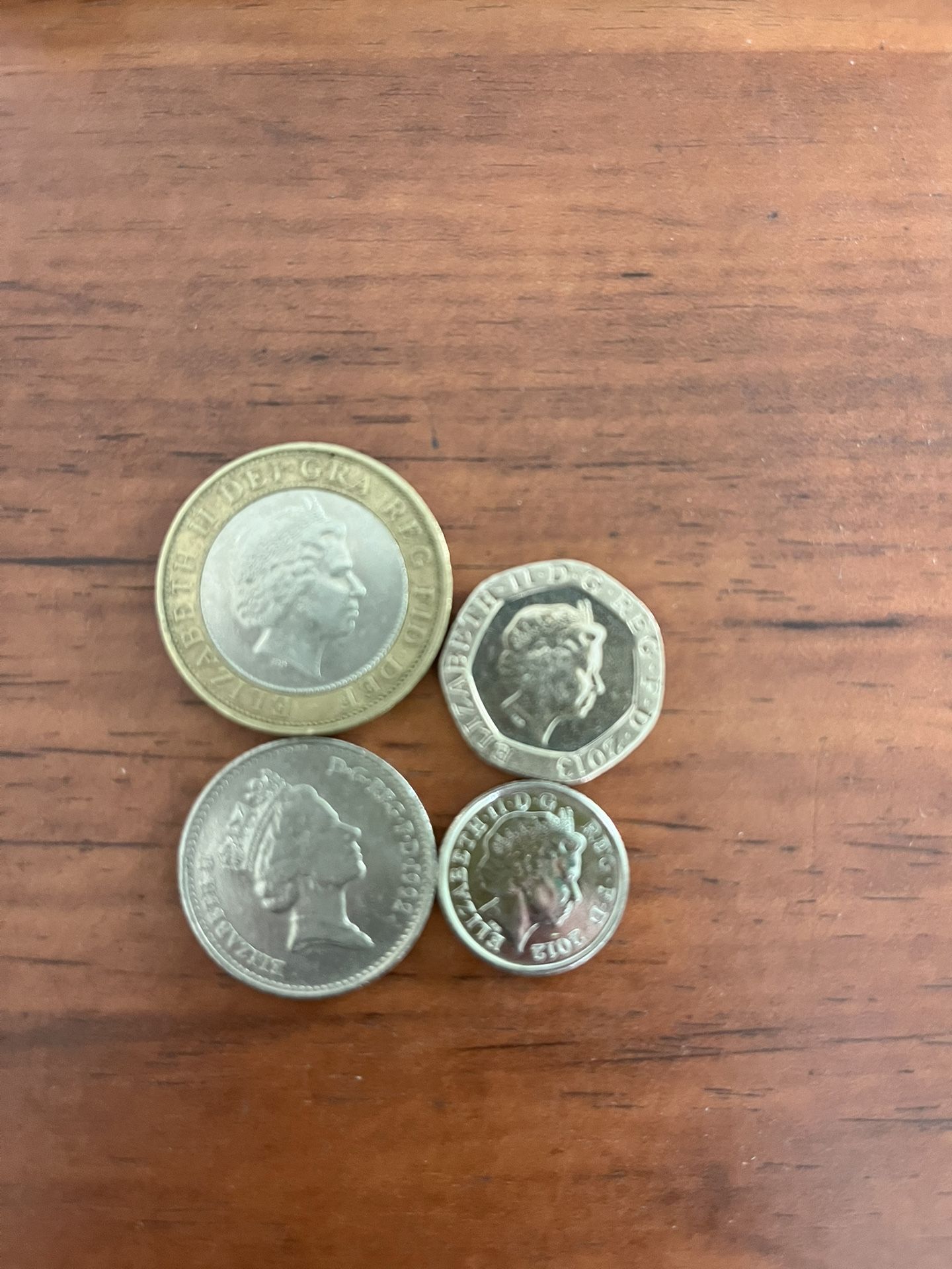 1992 10 Pence, 1998 2 Pounds, 2012 5 Pence & 2013 20 Pence