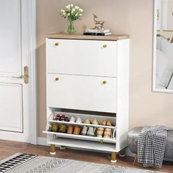 Tribesigns 3 Drawer Shoe Cabinet, Freestanding Shoe Rack Storage Organizer with Flip Door, Modern Tipping Bucket Shoe Cabinet for Entryway, Hallway, B