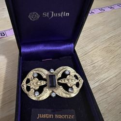 St Justin Bronze Brooch With Purple Stone