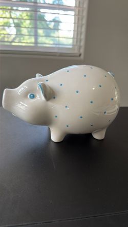TIFFANY Ceramic Pig Piggy Bank White Blue Polka Dot