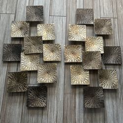 2 pc Gold Metal Sunburst Carved Overlapping Square Home Wall Decor, 43" x 3" x 24"