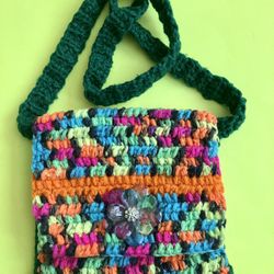 Mary GARDNER Handmade crochet Sling Shoulder Crossbody Bag Purse ~ Small ~ BLUE With MONET FLOWER BROOCH / PIN ‼️ UNIQUE - ONLY 1 Made ‼️
