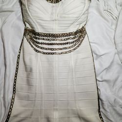 Cream Herve Leger strapless bandage dress
