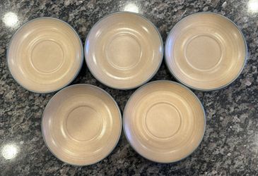 Pfaltzgraff Elegant Tan with Blue Rim Cup Saucers Set of 5