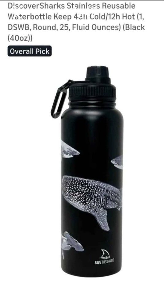 DiscoverSharks Stainless Reusable
Waterbottle Keep 43h Cold/12h Hot (1,
DSWB, Round, 25, Fluid Ounces) (Black
(40oz)