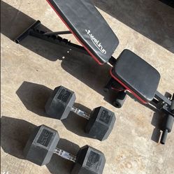 95lbs pair of rubber hex dumbbells And Bench. 