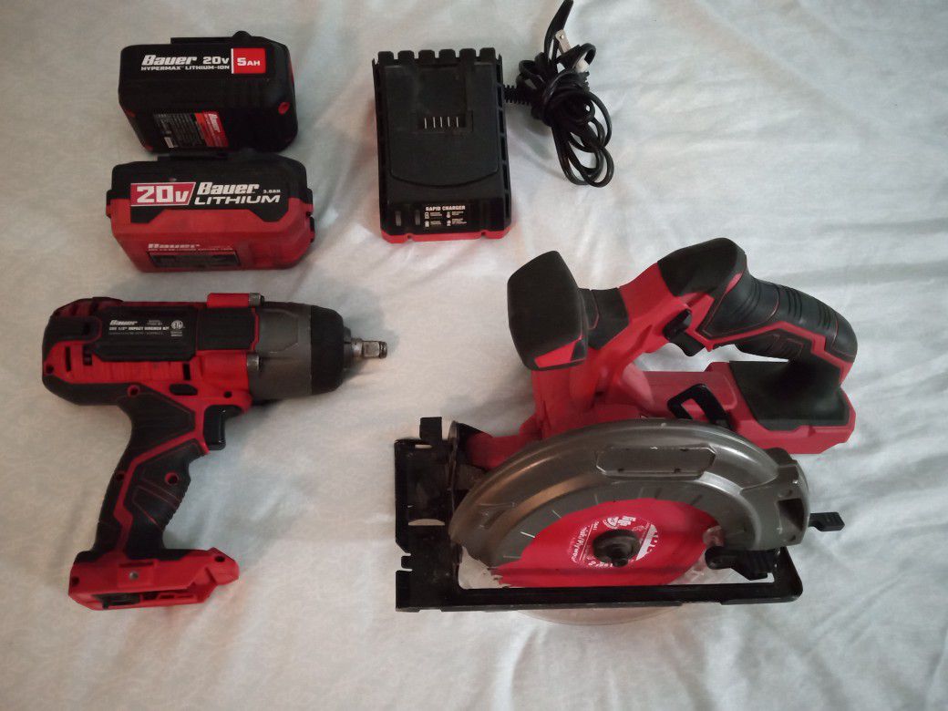 Bauer Impact Wrench And Bauer Cordless Saw With 2 Batteries And Charger 