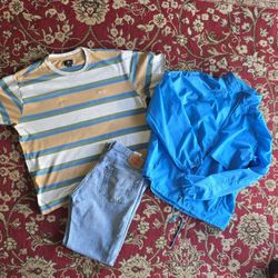Men's Clothing Bundle: Vintage Levi's 501 34x32, Obey Striped Shirt 2XL, Eddie Bauer Blue Jacket L