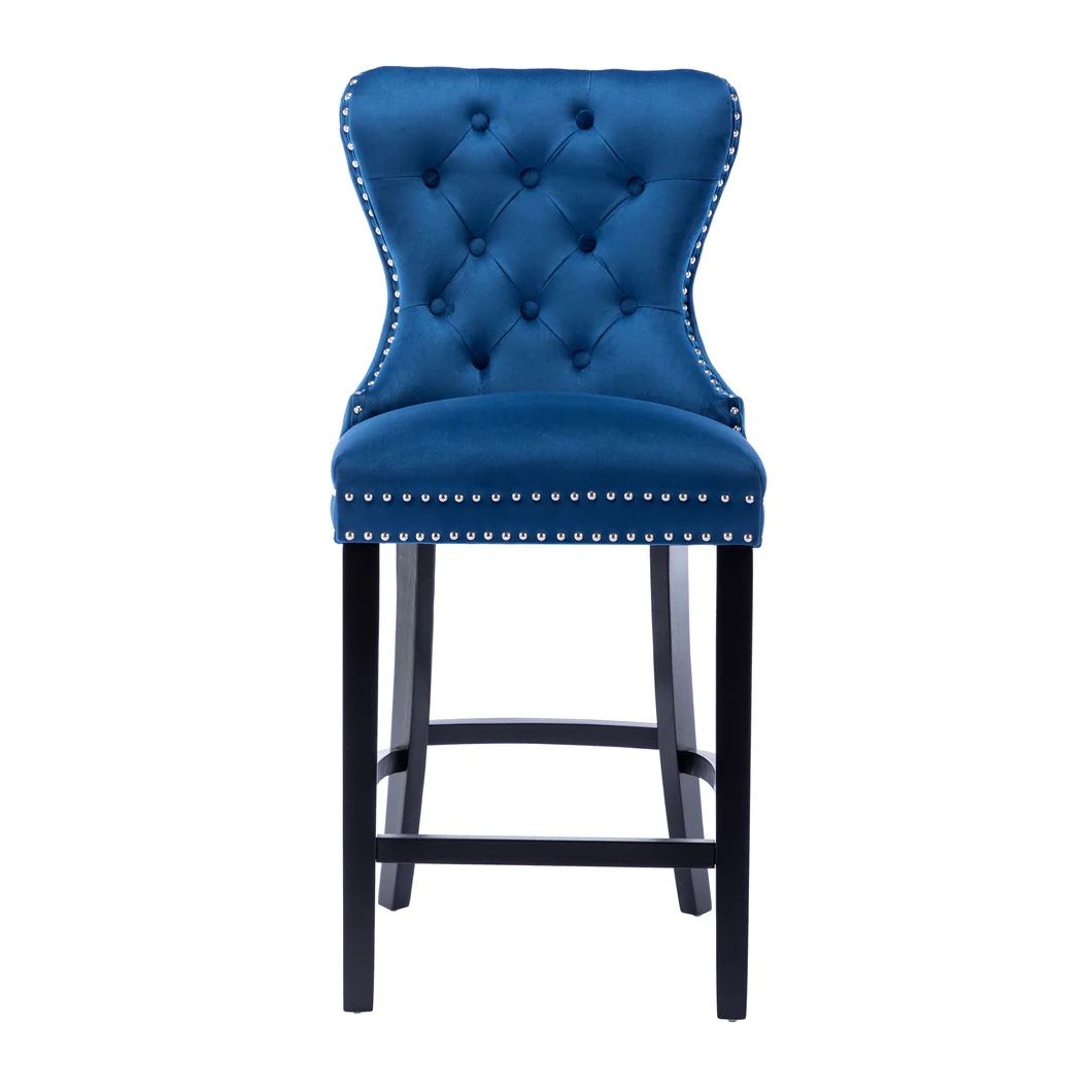 Blue Velvet Bar Stools Farmhouse Style, 26" High Tufted Button Upholstered Wingback Wooden Legs Home Dining Room Kitchen Island Each