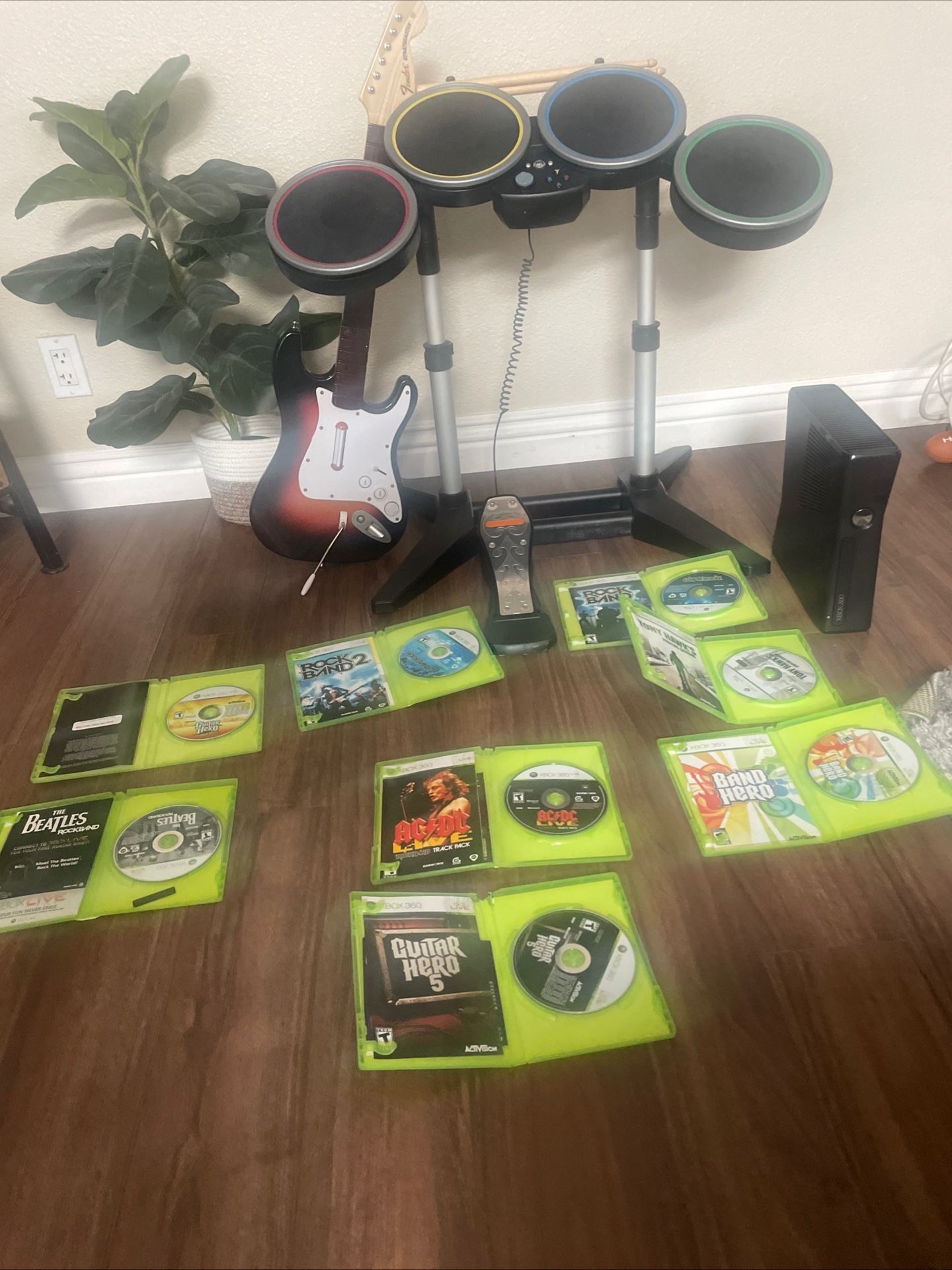 RARE Xbox 360 Limited Edition Rock Band Full Bundle – Xbox 360, Controller, Drums, Guitar, 6 Games – MINT & WORKING 