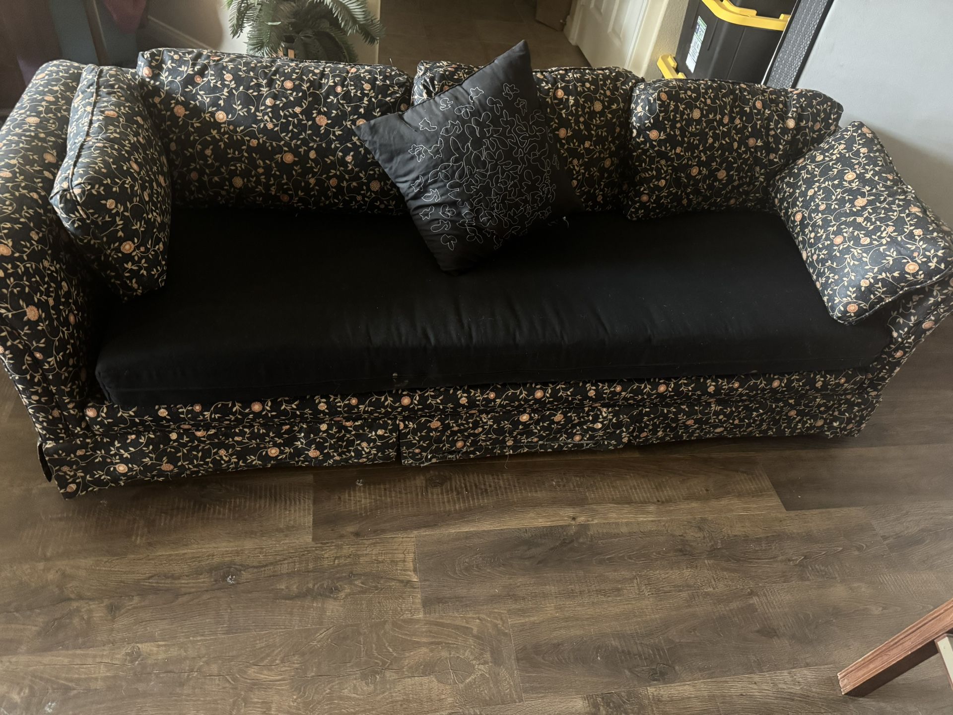 Black Couch With Floral Design Vintage
