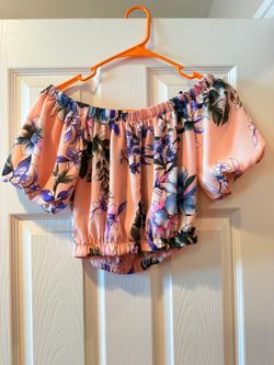 Forever 21 Floral Off The Shoulder Crop Top Puff Sleeve Pink - Size S
