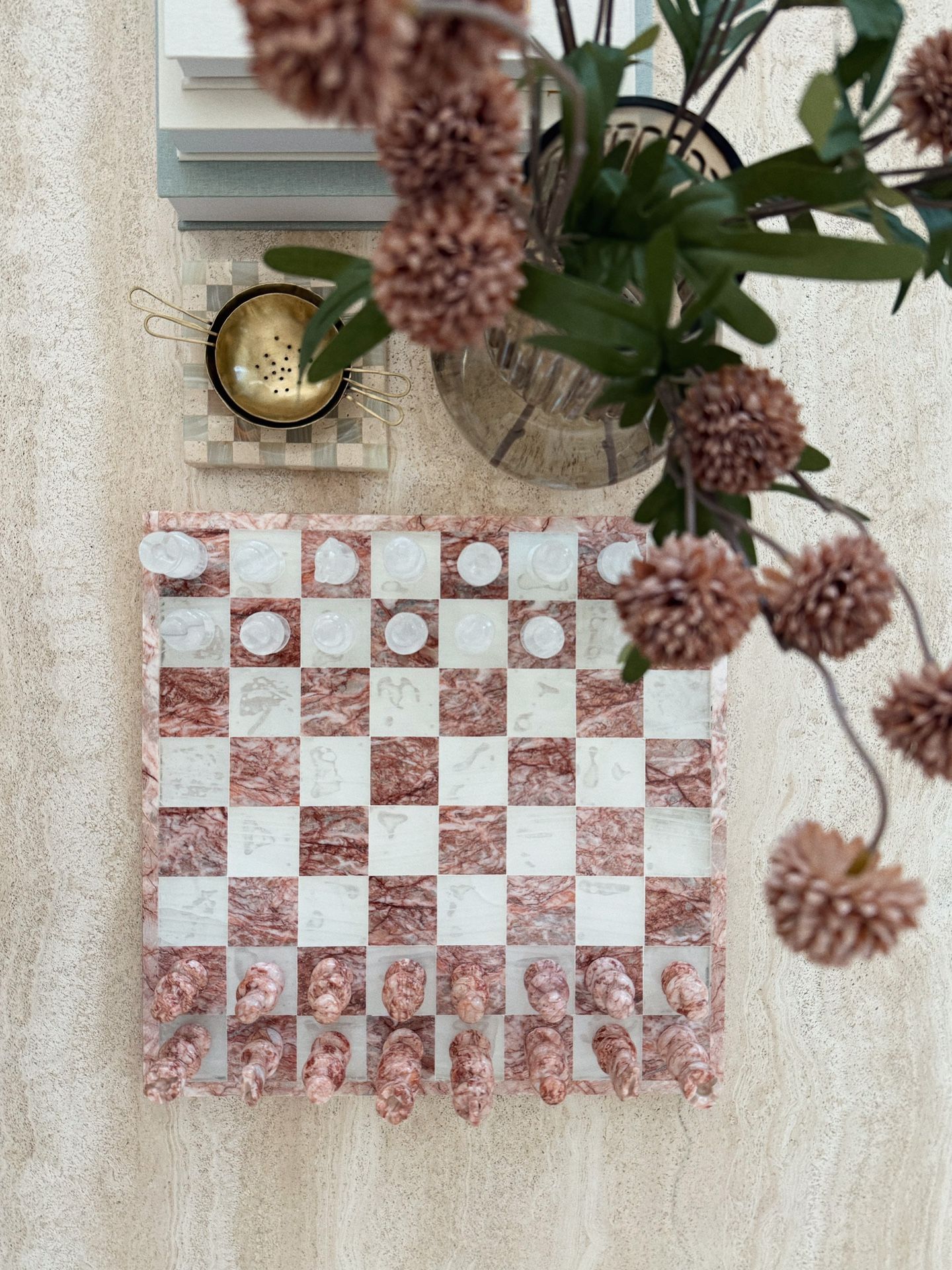 Vintage Pink White Onyx Marble Stone Chess Set