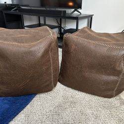 Set Of 2 Honeybloom Faux Leather Brown Pouf with Baseball Stitch 
