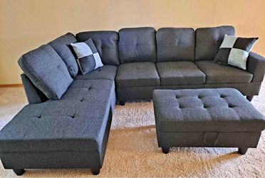 Charcoal linen sectional couch and storage ottoman
