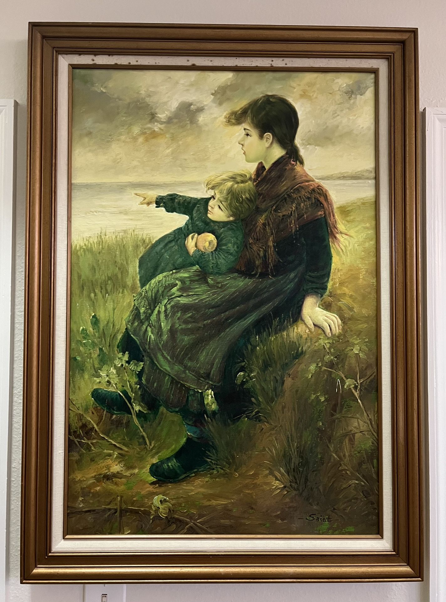 Large Vintage Oil Painting – Mother & Child by the Sea 🌊