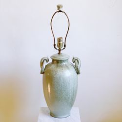 Stunning Vintage Ceramic Urn Table Lamp with Hoop Handles in Celadon / Green Glaze 