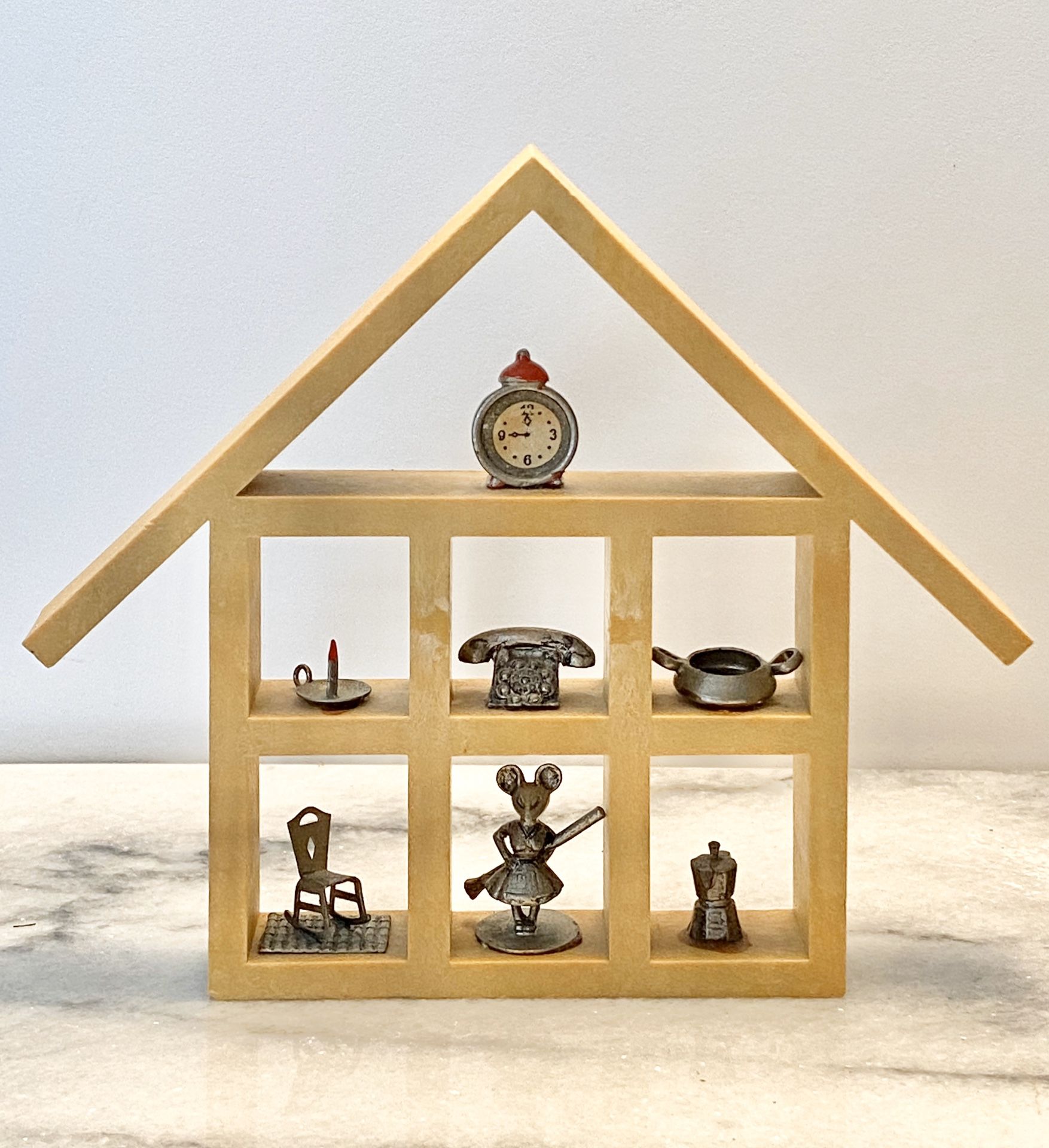 Miniature Doll House Metal Pewter Color Figures Rocking Chair, Expresso Coffee Maker, Dutch Pot, Mouse, Rotary Phone,Furniture Houseware Display Shelf