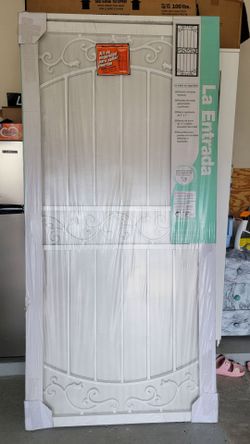 36 in. x 80 in La Entrada White Surface Mount Outswing Steel Security Door with Perforated Metal Screen