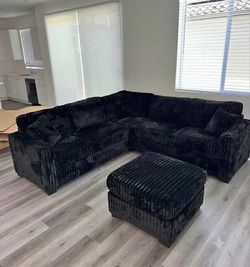 NEW BLACK THICK FLUFFY CORDUROY SECTIONAL SOFA COUCH WITH OTTOMAN