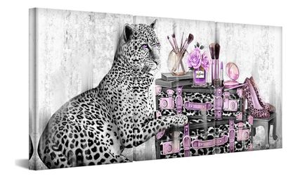 Visual Art Decor Black and White Leopard Decor Pink and Purple Bathroom Decor Framed Canvas Wall Art Ready to Hang 12inchx16inchx3 Piece