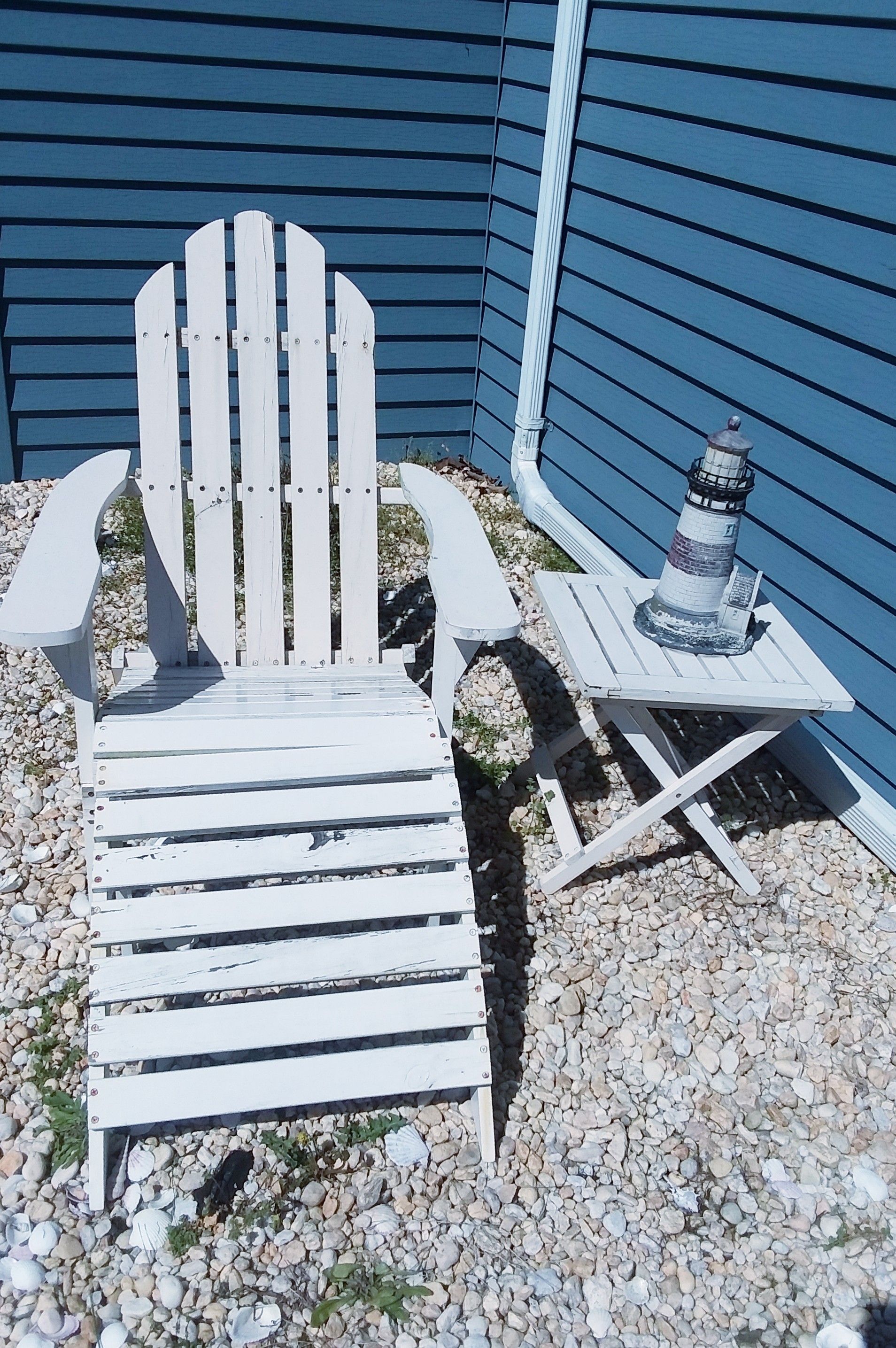 Adirondack chair, footrest, table