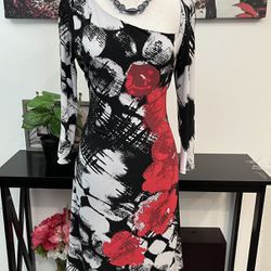 EVO VORRO women’s Sheath Midi Dress Size M Floral Asymmetrical Neck Long Sleeve