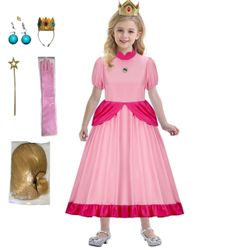 Kids Princess Peach Costume Youth XL Dress w/ Crown Wig Wand Earrings Gloves Cosplay Set
