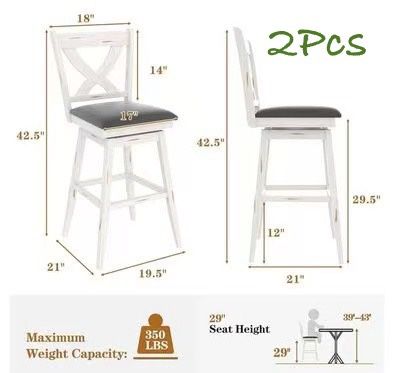 😀 2Pcs Swivel 29”Bar-Height Stools, High Back Swivel Bar Stools with Grey Faux Leather Upholstered Seat & Solid Wood Footrest, Counter Bar Chairs