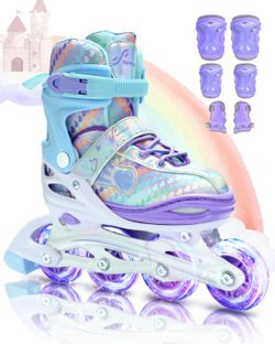 Inline Skates, size 11-13.5 Children's, four size adjustable, with Kneepads, elbow pads, wrist guard