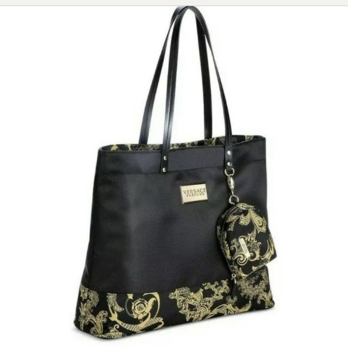 Versace Tote Bag Holdall Weekender Black Metallic Gold Paisley Large Handbag