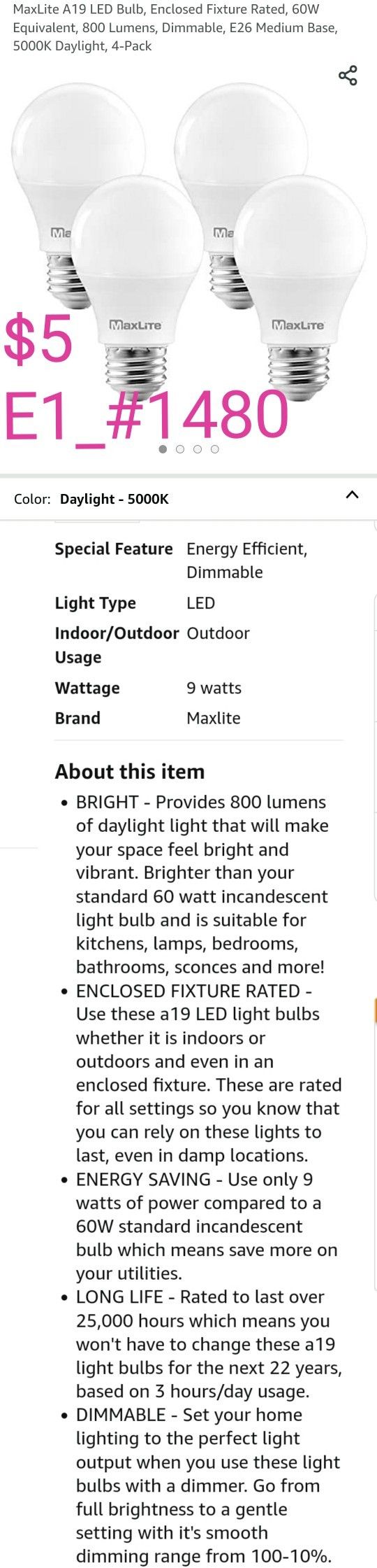 MaxLite A19 LED Bulb, Enclosed Fixture Rated, 60W Equivalent, 800