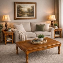 Solid Wood Oak Coffee Table Set w/ End Tables – Matching Living Room Set