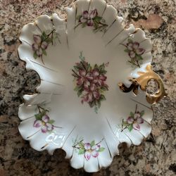 Vintage hand painted Porcelain, Gold trim Scalloped Candy or Nut dish, likely produced in Japan during the 1950s.