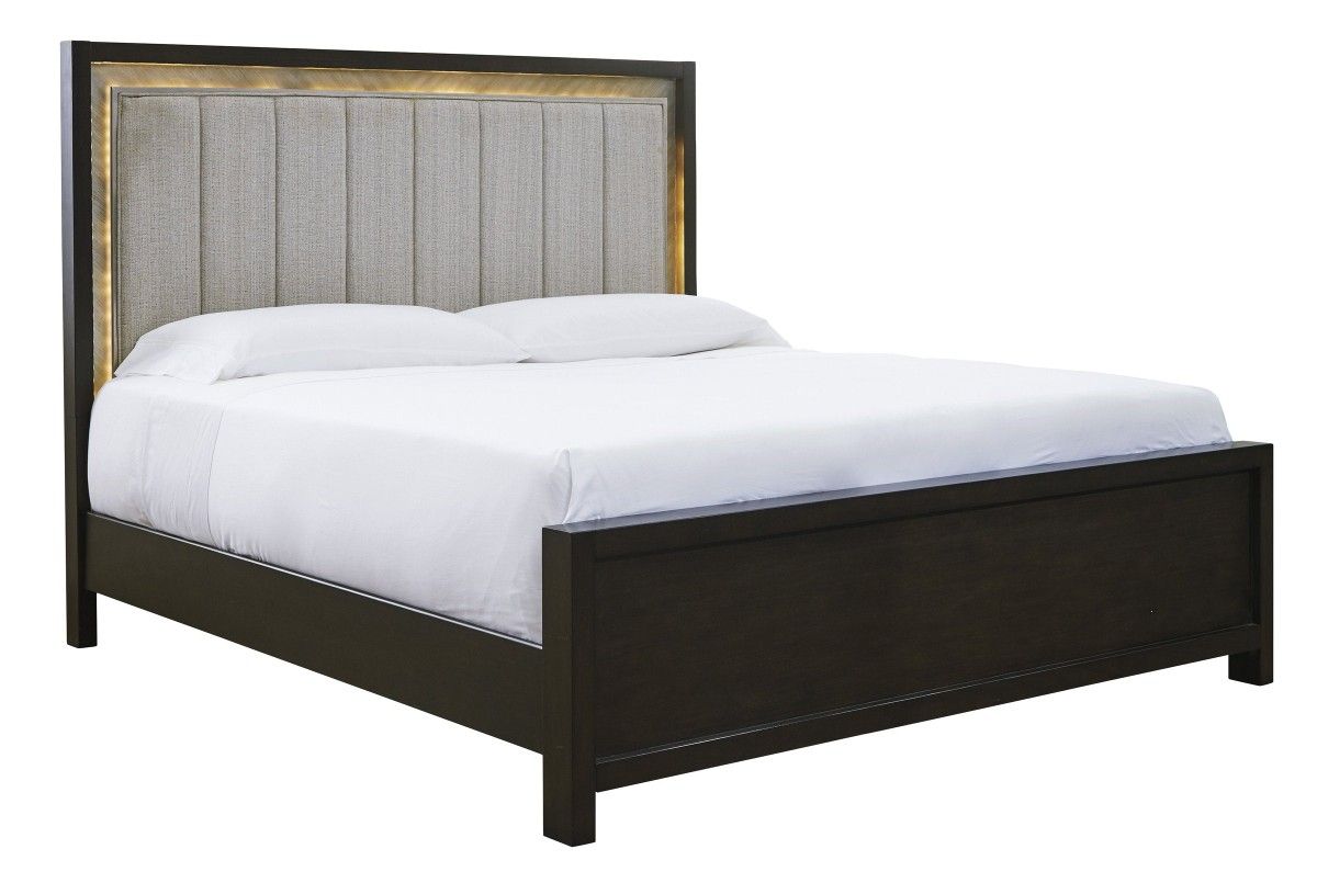😺Maretto Brown-Silver LED Queen Panel Bed