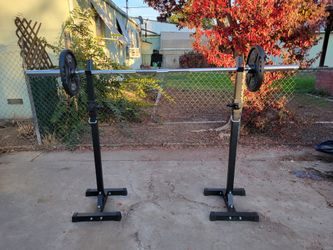 Squat Rack+Olympic Barbell+35lb Cast Plates+ Clamps Collars NEW
