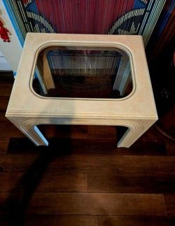 MCM Lane Company Rectangular Beige Wood & Glass End Table Modern Design. 28"×22"×22"