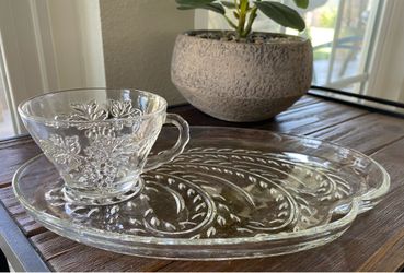 Vintage Federal Glass Homestead snack set featuring a grape and leaf pattern on pressed glass.