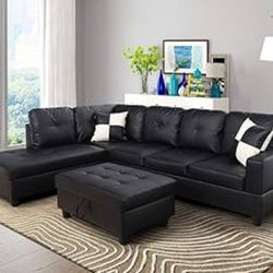 🔥GREAT PRICE🔥  Black 3PCS Sectional W/Storage Ottoman 👍90 days FREE FINANCING ❗NO CREDIT CHECK❗ 