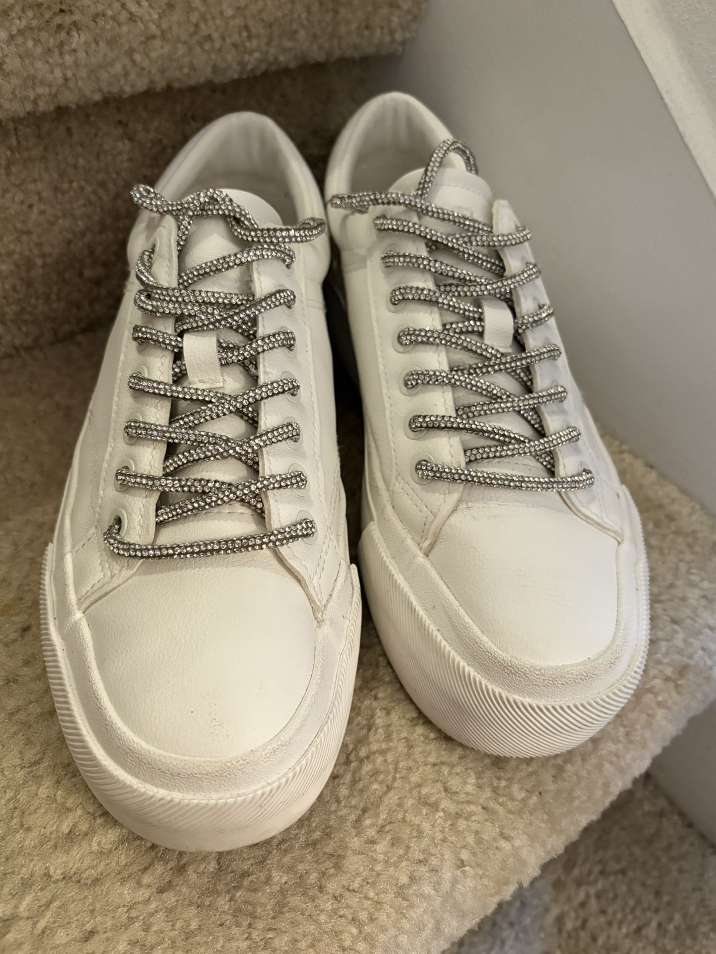 Zara Chunky Leather Sneakers White Women’s Shoes Silver Laces Size 39 EUR/ 7 US