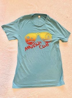 Madison club women’s bright blue T-shirt with orange red ombre sunglass design – tequila is my spirit animal - size S