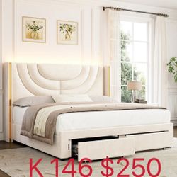 Homfa King Size LED Bed Frame with 2 Drawer Storage, Wingback Platform Bed with Velvet Upholstered Headboard, (146)