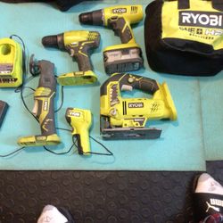 Ryobi Tools, 2 Drills, 1 Multi Tools,1 Jig Saw, 1 Thermostats, 1 Battery 3amp, 1 Charger